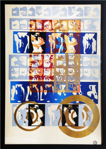 A colorful pop-art poster featuring a grid of stylized faces and abstract shapes.