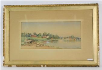 Massachusetts artist) watercolor depicting a seaside village - Edward Sisson