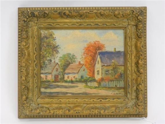 depicting a village scene with figures. Signed lower right. Sight size 8" x 10" - Frances Mckay