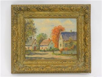 depicting a village scene with figures. Signed lower right. Sight size 8" x 10" - Frances Mckay