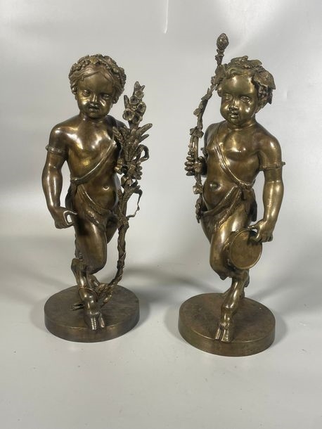 After Two fauns Pair of bronzes in - Claude Michel Clodion