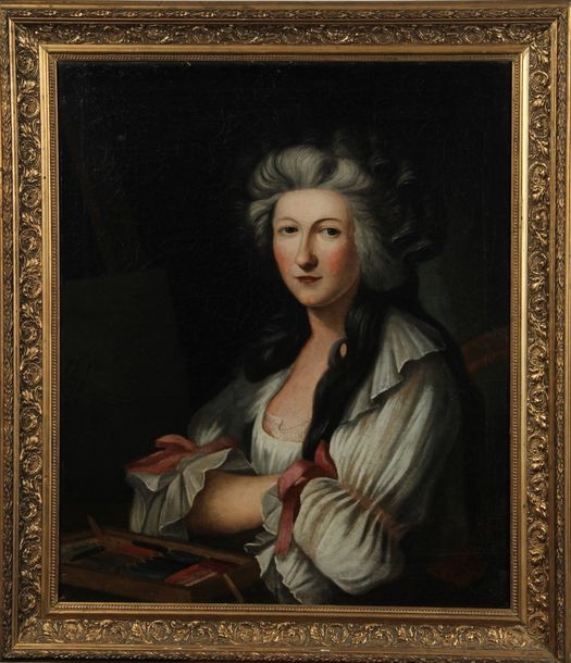 Portrait of a woman painter, seated in front of an easel and a box of pastels - French School, 18th Century