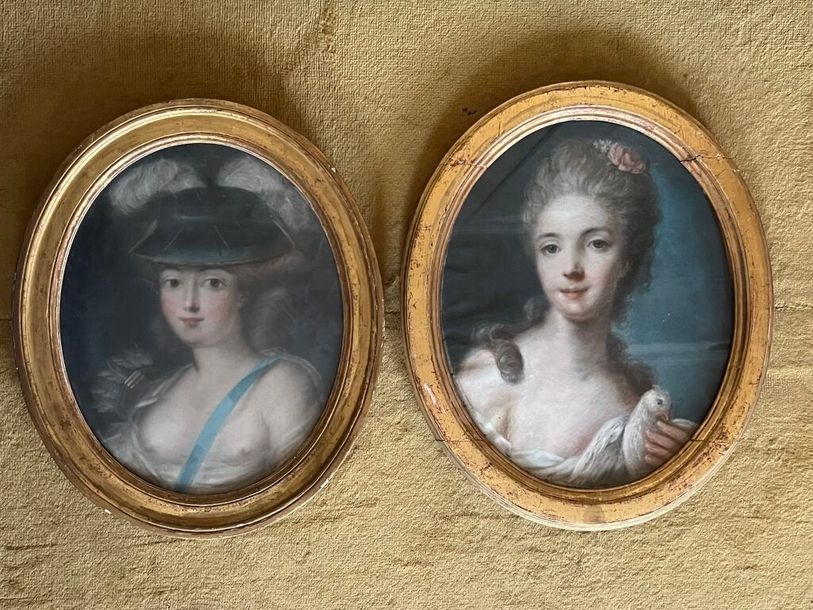 Woman with dove and Woman with hat - French School, 18th Century