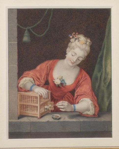 Portraits of women holding a bird on a leash - French School, 18th Century