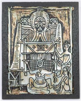 Tony Enebeli 'Weavers' original metal foil etching - Tony Enebeli
