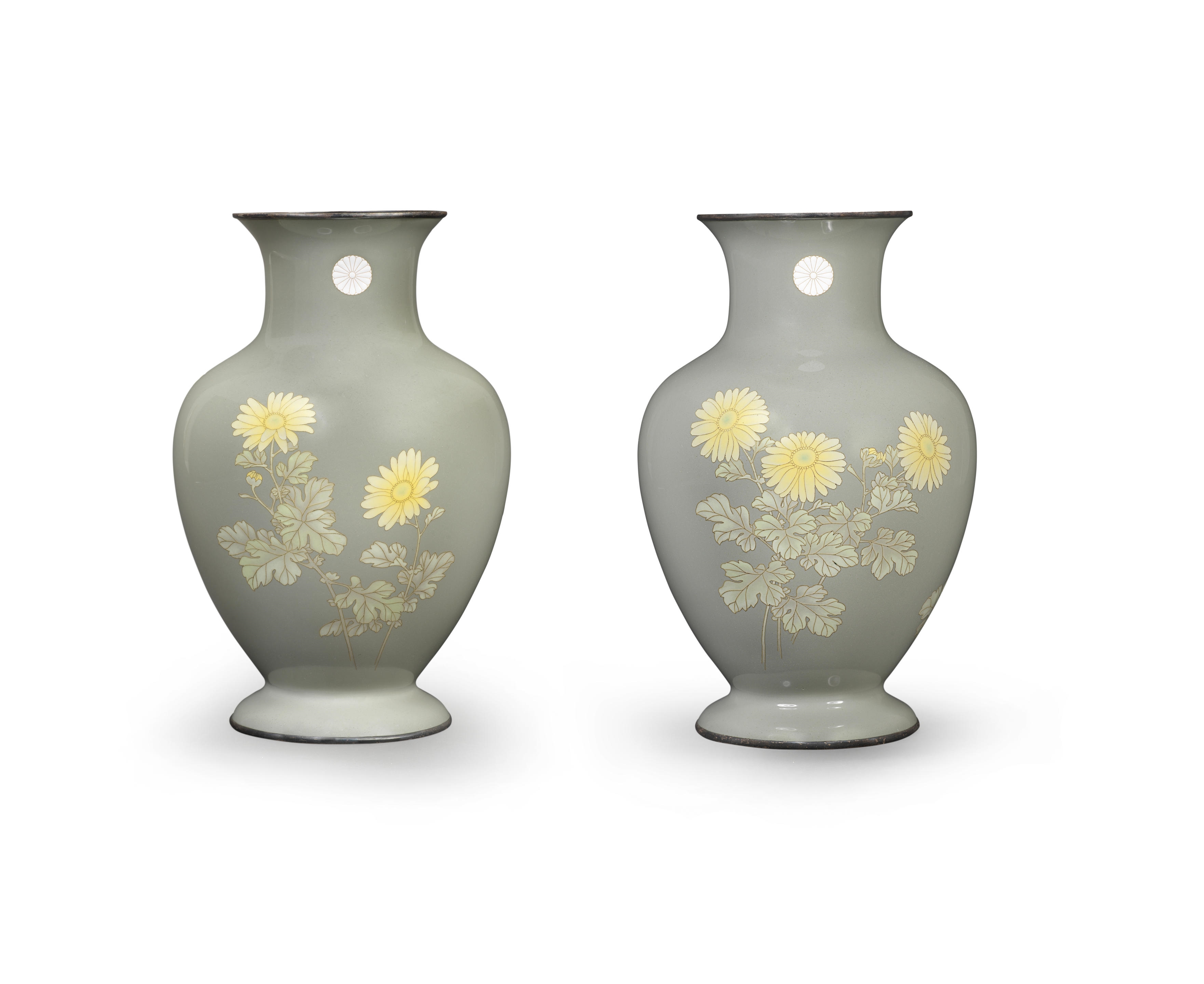 Artwork by Hattori Tadasaburō, A Pair of Cloisonné-Enamel, Moriage, and Musen Baluster Presentation Vases, Made of silver wire with