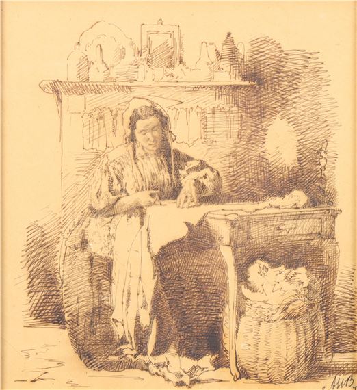 Vrouw met stukken stof aan een tafel by Alexander Hugo Bakker Korff, '73