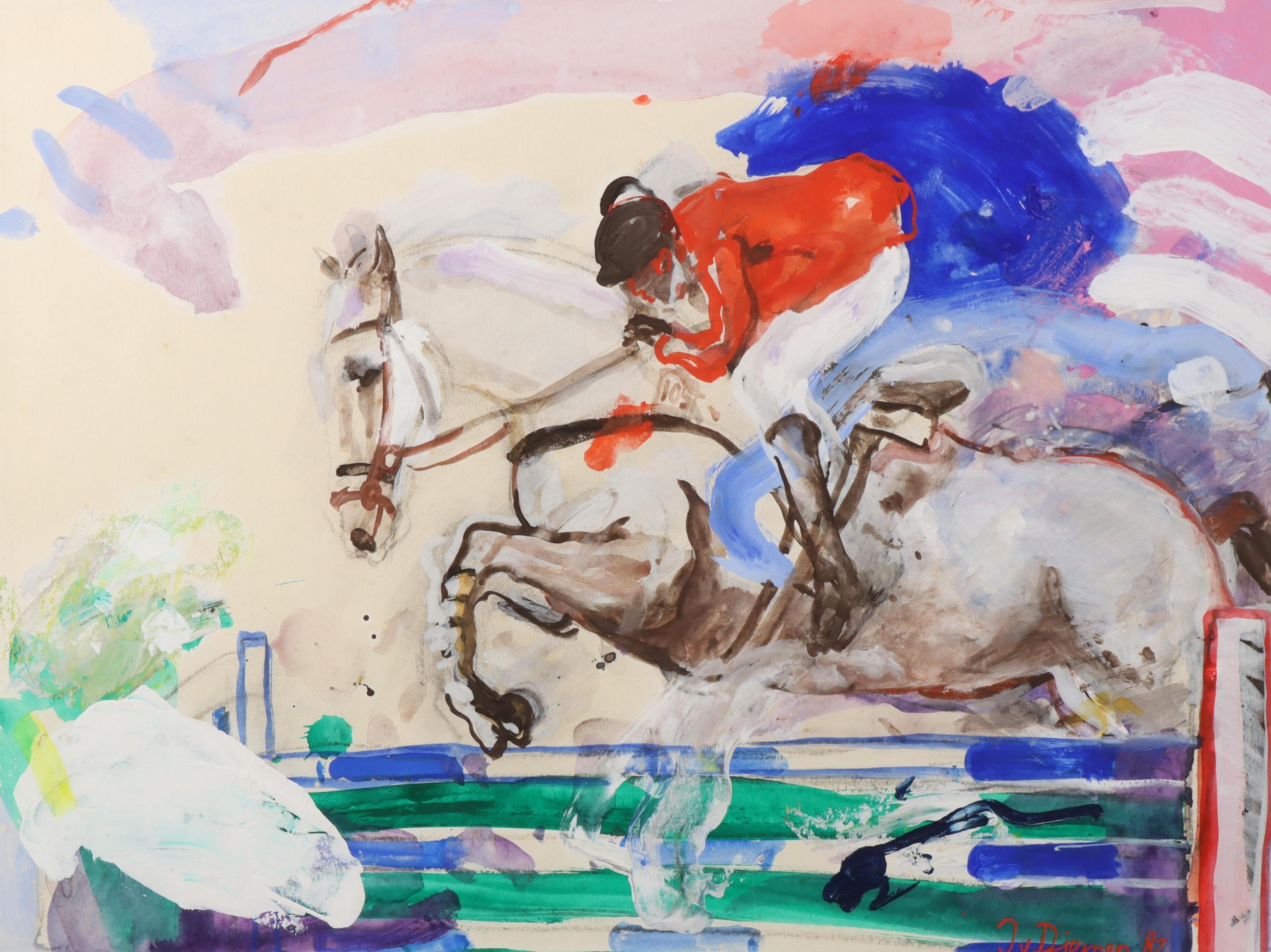 Artwork by Jan van Diemen, Springruiter met paard over een hindernis, Made of watercolor and gouache