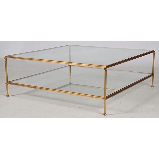 Artwork by Henri Pouenat, Square gilded metal LOW TABLE with 4 sheathed legs ending in balls and double glass top, Made of gilded metal