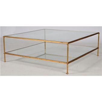 Square gilded metal LOW TABLE with 4 sheathed legs ending in balls and double glass top - Henri Pouenat