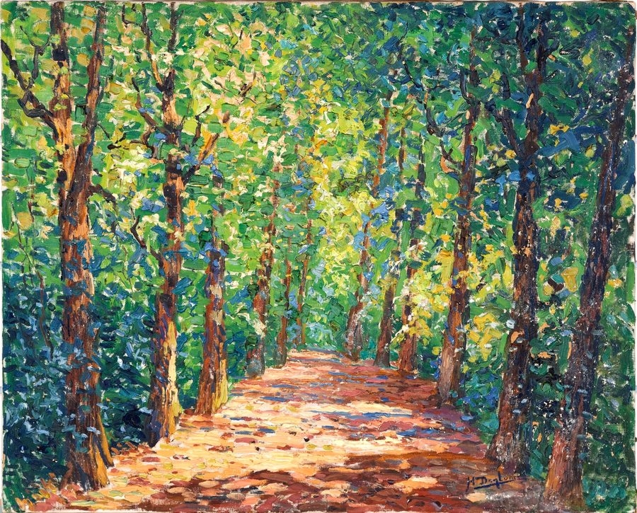 Artwork by Henri Deglume, Vue d'un sentier arboré, Made of oil on canvas