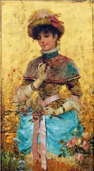 A portrait of a woman in an ornate dress holding a floral branch against a textured golden background.