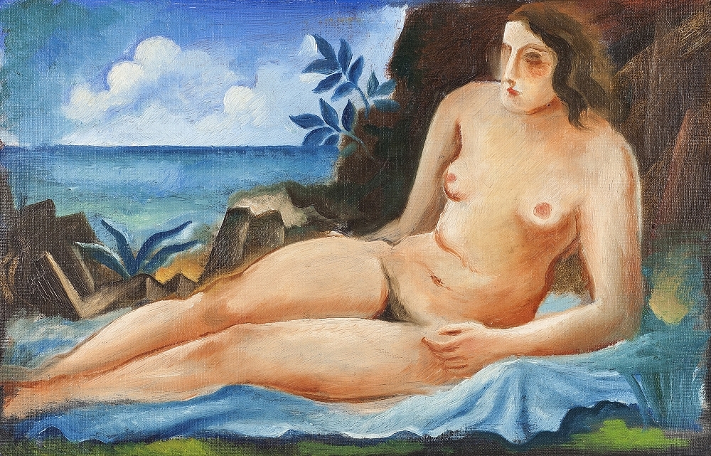 Artwork by Otakar Mrkvička, LEŽÍCÍ AKT NA POBŘEŽÍ, Made of Olej na plátně adjustovaném na lepence