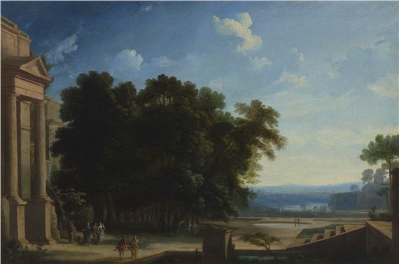 A capriccio of a Roman palace with a garden by Pierre Antoine Patel, 1699