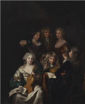 An elegant company seated around a table, playing music and drinking - David van der Plas