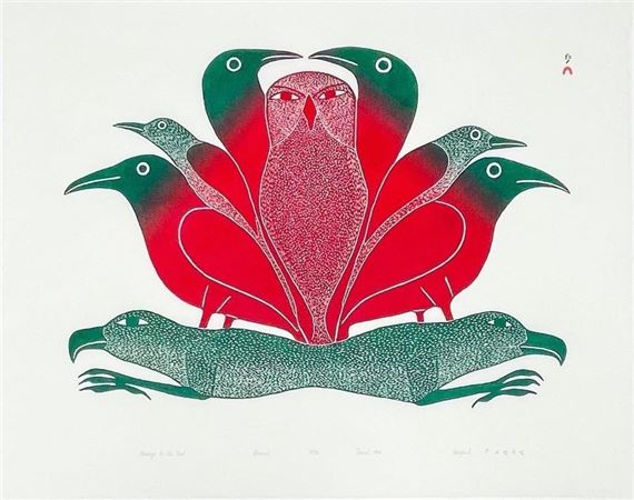 (1927 - 2013) CC RCA E71035 Cape Dorset
Homage to the Owl 31/50
stonecut on paper
19.5 x 24.5 in 49.5 x 62.2 cm 1994
signed by Kenojuak Ashevak, 1994