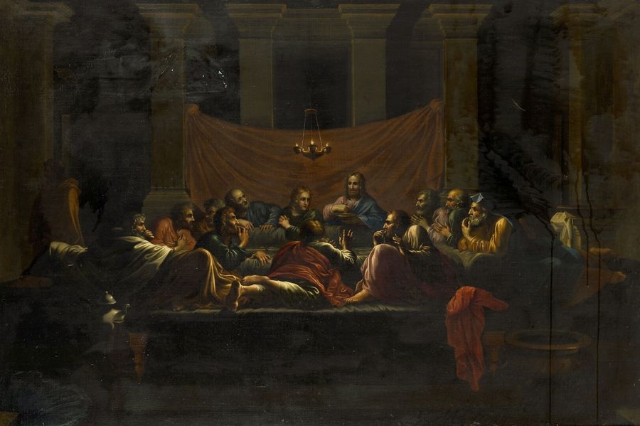The Eucharist On its original canvas. 94 x 142 cm (Misses). Remake of the painting by Poussin in the National Gallery of Scotland - Nicolas Poussin