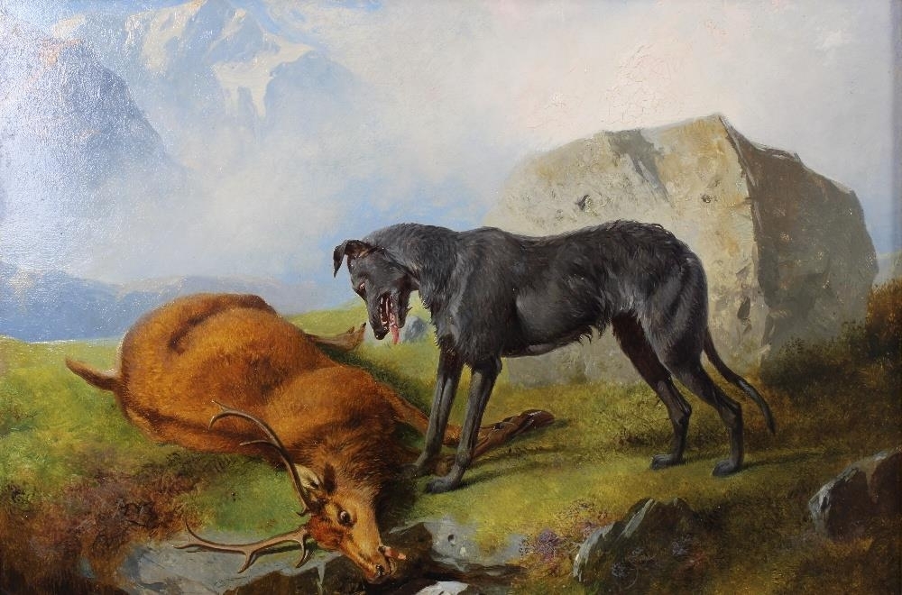 Robert Henry Roe | DEERHOUND & STAG IN A HIGHLAND LANDSCAPE | MutualArt