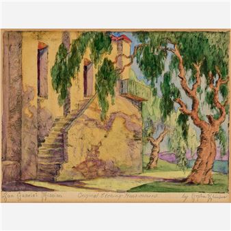 Orpha Klinker &quot;San Gabriel Mission&quot; (Hand-Colored Etching - Orpha Klinker