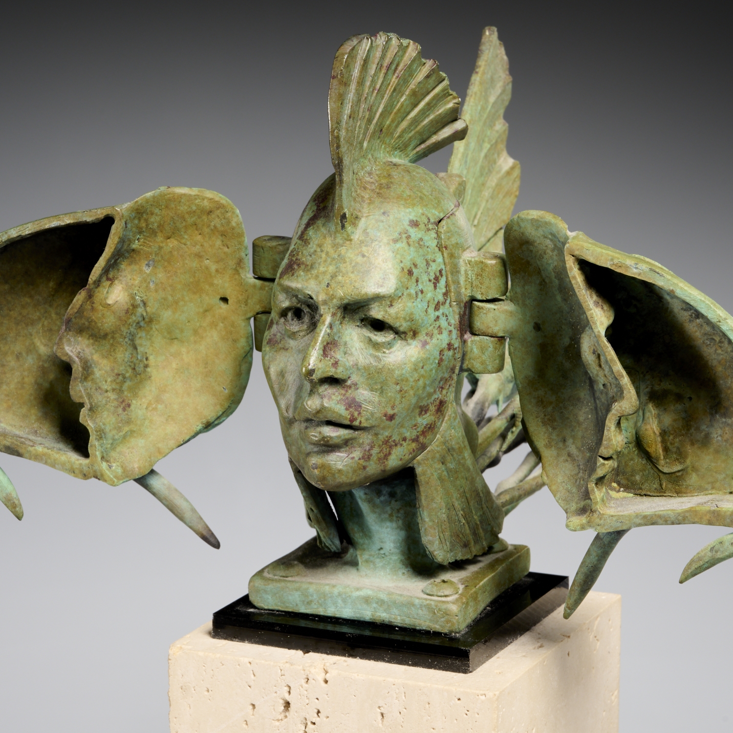 Artwork by Theodore Gall, Surreal Fish, Made of verdigris bronze sculpture