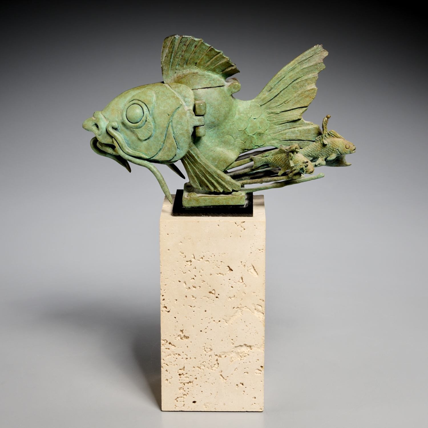 Artwork by Theodore Gall, Surreal Fish, Made of verdigris bronze sculpture