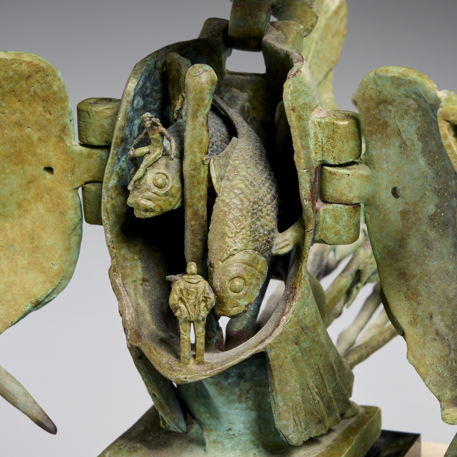 Artwork by Theodore Gall, Surreal Fish, Made of verdigris bronze sculpture