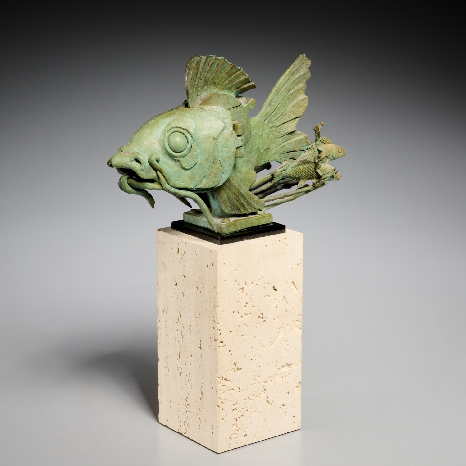 Artwork by Theodore Gall, Surreal Fish, Made of verdigris bronze sculpture