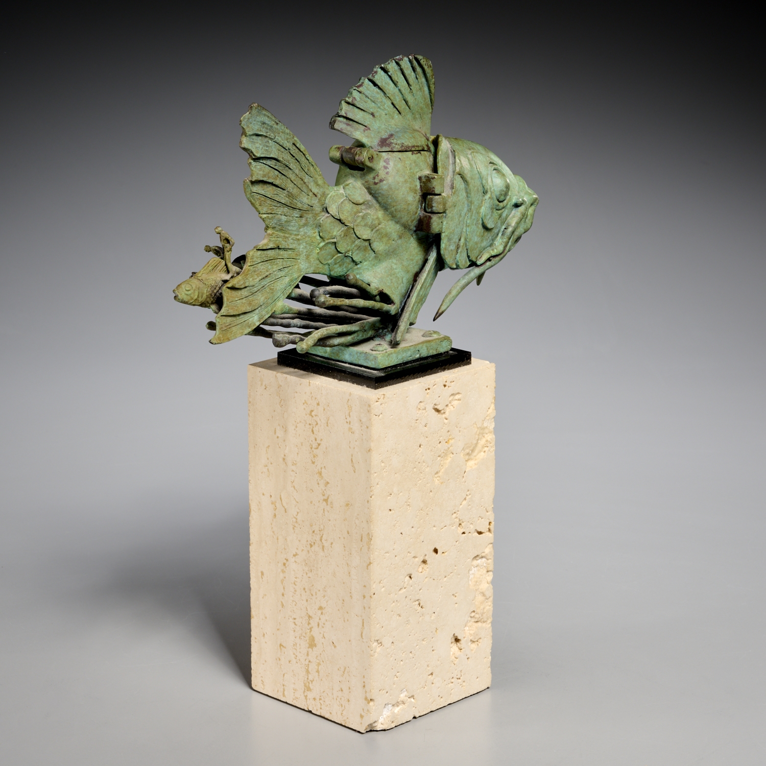 Artwork by Theodore Gall, Surreal Fish, Made of verdigris bronze sculpture