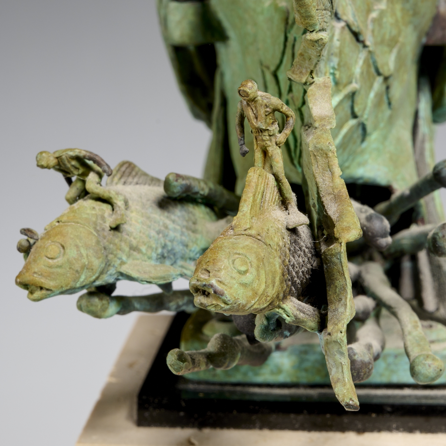 Artwork by Theodore Gall, Surreal Fish, Made of verdigris bronze sculpture