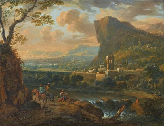 Johann Graf Southern landscape with waterfall and village, horsemen and a beggar - Johann Graf