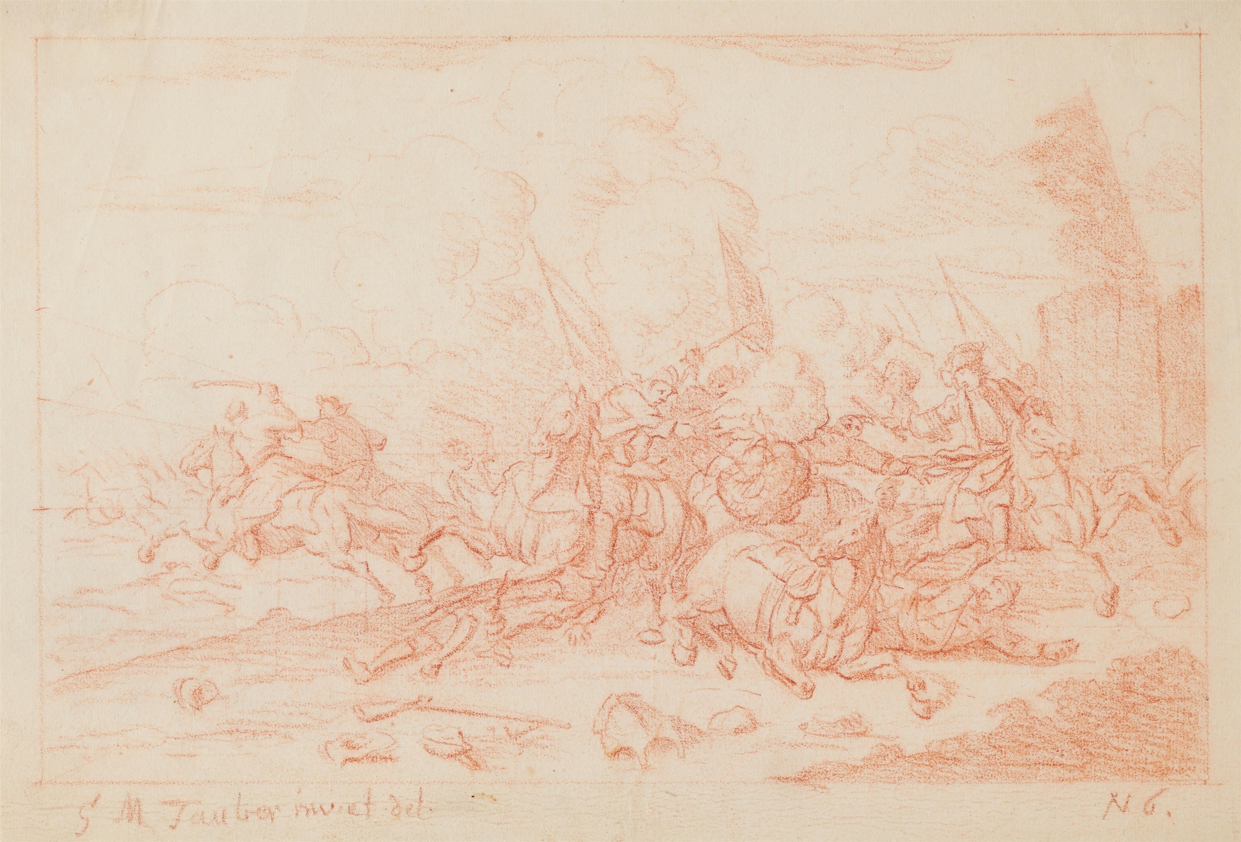 Artwork by Georg Michael, Georg Michael Tauber Three : Encampments and Cavalry Battles between the Emperors and the Turks Red chalk, Made of red Chalk Drawings