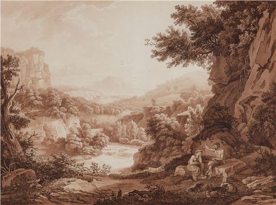 A sepia-toned landscape print featuring two figures in a rocky grotto overlooking a river valley.