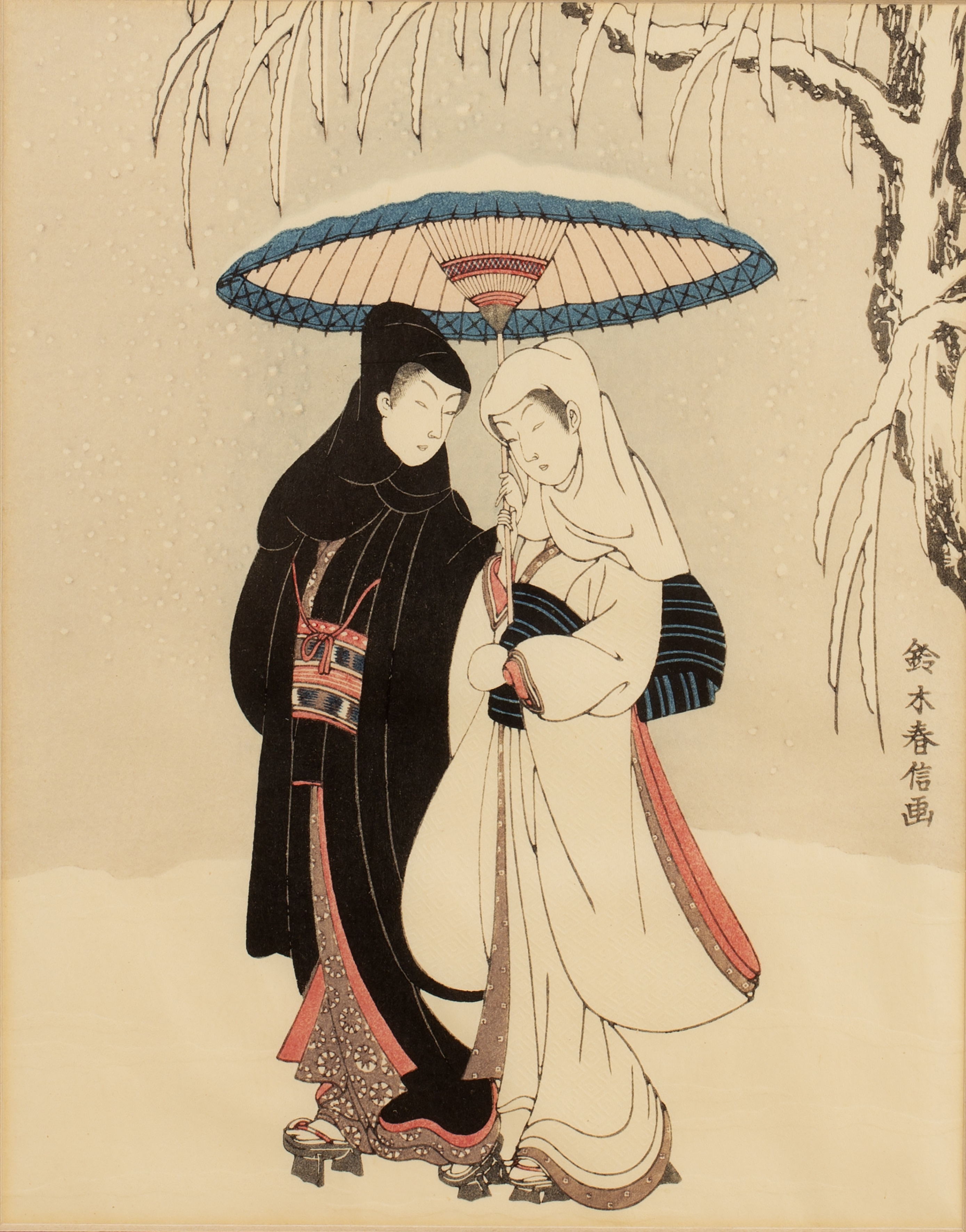 Lovers Walking in the Snow (Crow and Heron), woodblock print, signed to the right, 23.5cm x 18.5cm and - Harunobu Suzuki