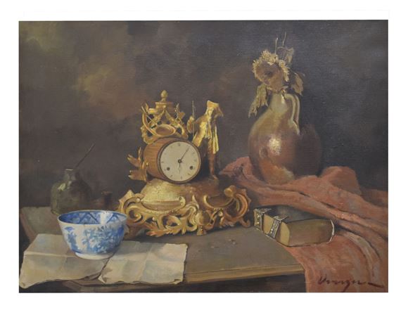 Still life with mantel clock by Continental School, 20th Century, Late 20th century