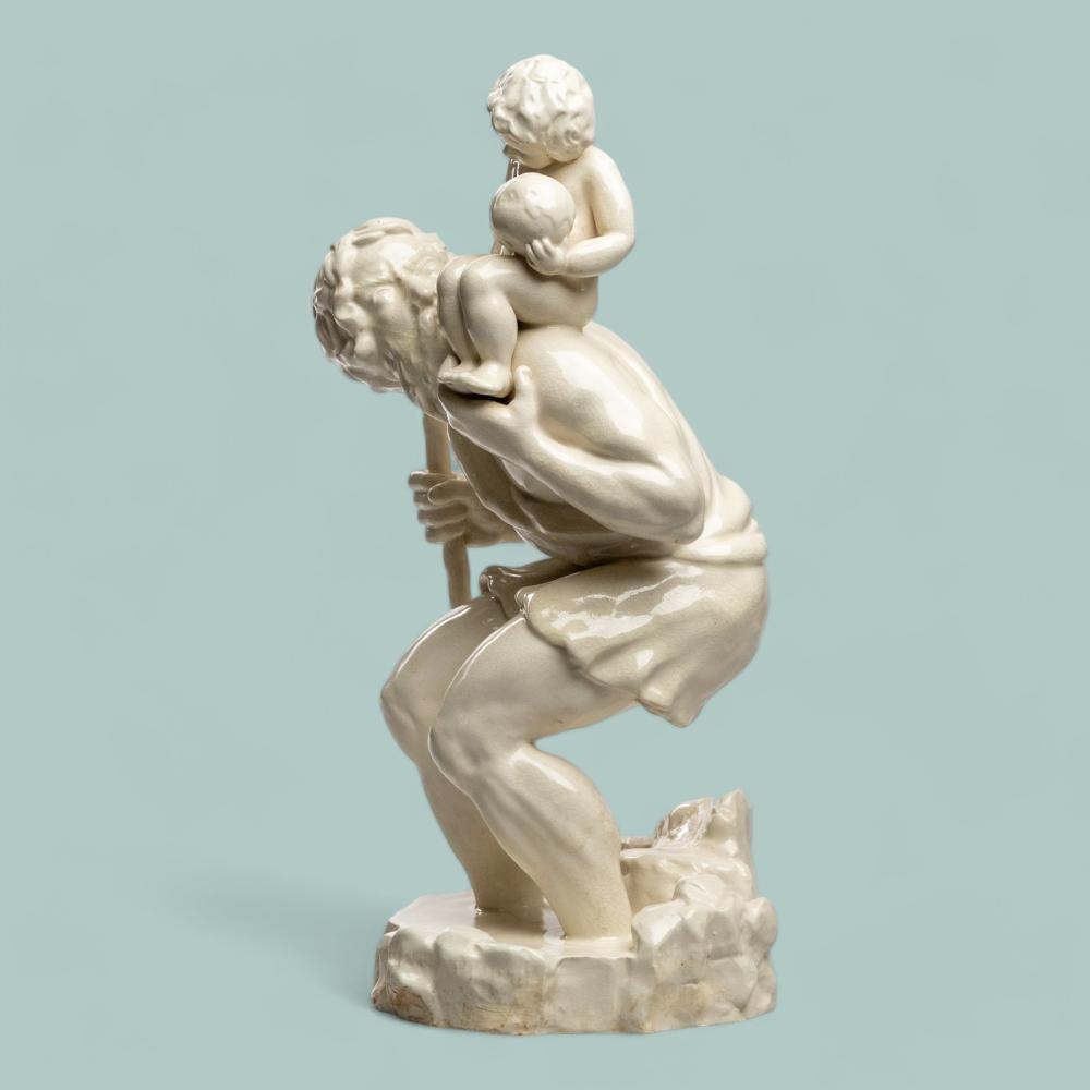 Artwork by Fernando Ponte e Sousa, Fernando Ponte e Sousa. São Cristóvão. Grupo escultórico em faiança monocromática branca SECLA, Caldas da Rainha. Assinado e datado "F. Ponte e Sousa 2 / 6 / 53". Fissuras na base e gastos, Made of faïence