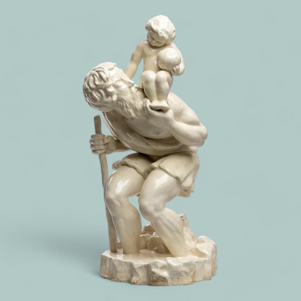 Artwork by Fernando Ponte e Sousa, Fernando Ponte e Sousa. São Cristóvão. Grupo escultórico em faiança monocromática branca SECLA, Caldas da Rainha. Assinado e datado "F. Ponte e Sousa 2 / 6 / 53". Fissuras na base e gastos, Made of faïence