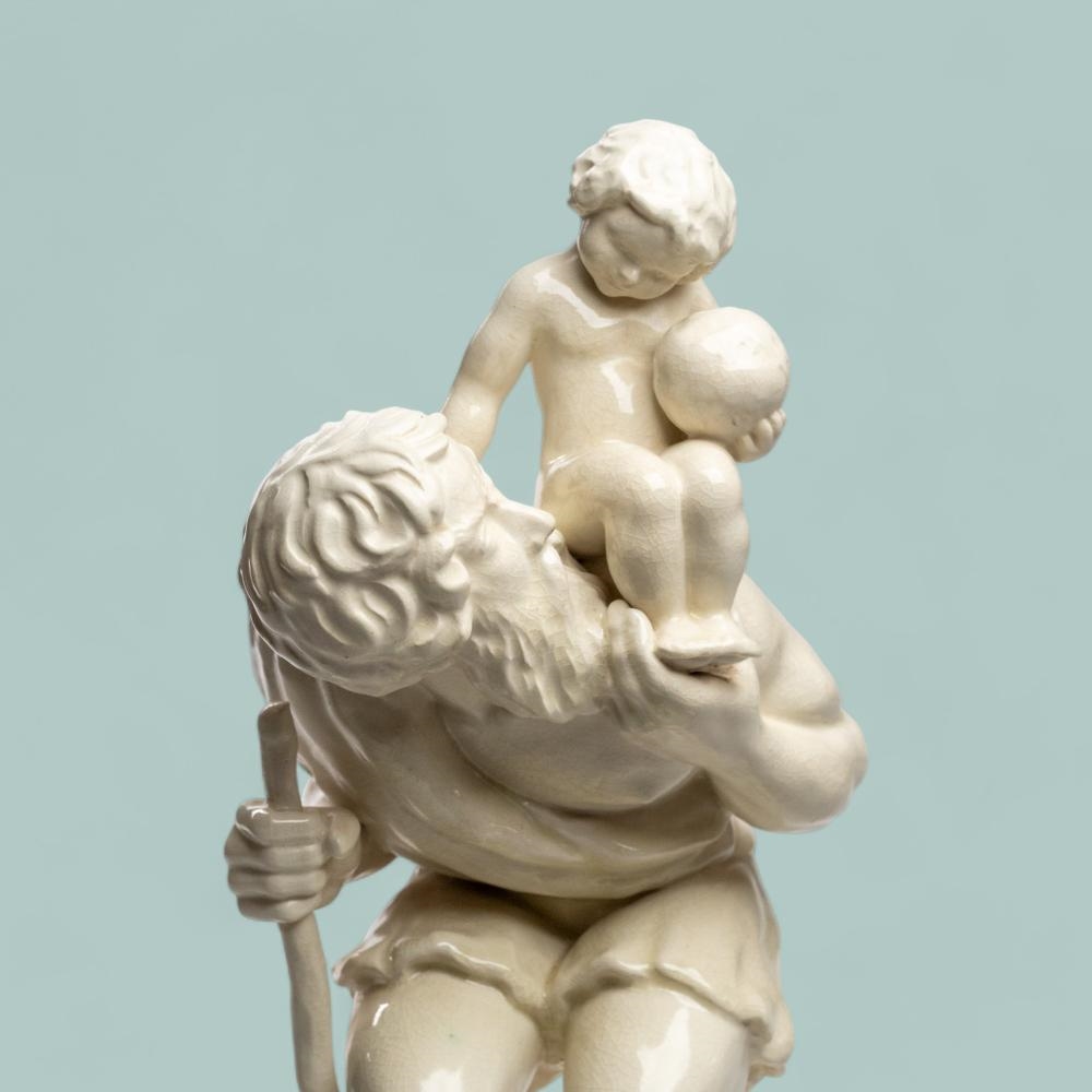 Artwork by Fernando Ponte e Sousa, Fernando Ponte e Sousa. São Cristóvão. Grupo escultórico em faiança monocromática branca SECLA, Caldas da Rainha. Assinado e datado "F. Ponte e Sousa 2 / 6 / 53". Fissuras na base e gastos, Made of faïence