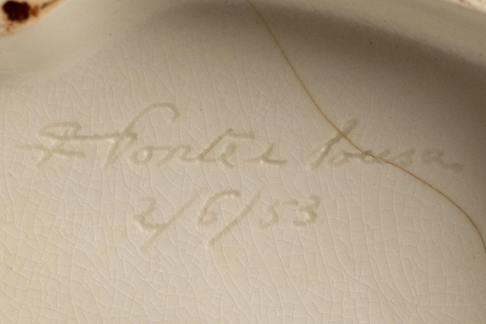 Artwork by Fernando Ponte e Sousa, Fernando Ponte e Sousa. São Cristóvão. Grupo escultórico em faiança monocromática branca SECLA, Caldas da Rainha. Assinado e datado "F. Ponte e Sousa 2 / 6 / 53". Fissuras na base e gastos, Made of faïence