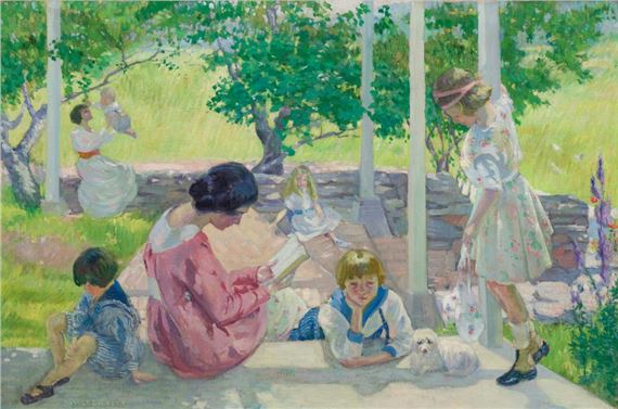 A sun-drenched garden scene filled with figures in a postcard-style composition.
