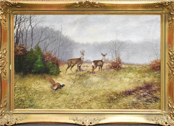 Zwei Rehe und Fasan in Landschaft by Franz Otto Wieduwilt