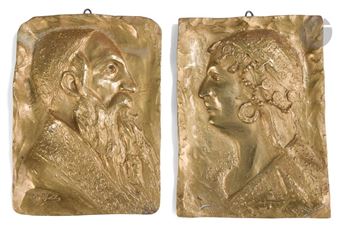 Profile portraits of an Orthodox Jewish man and woman. The bearded man wears a talit and a kippah. The woman wears a traditional sterntichel (Shabbat headdress). - B. Blas