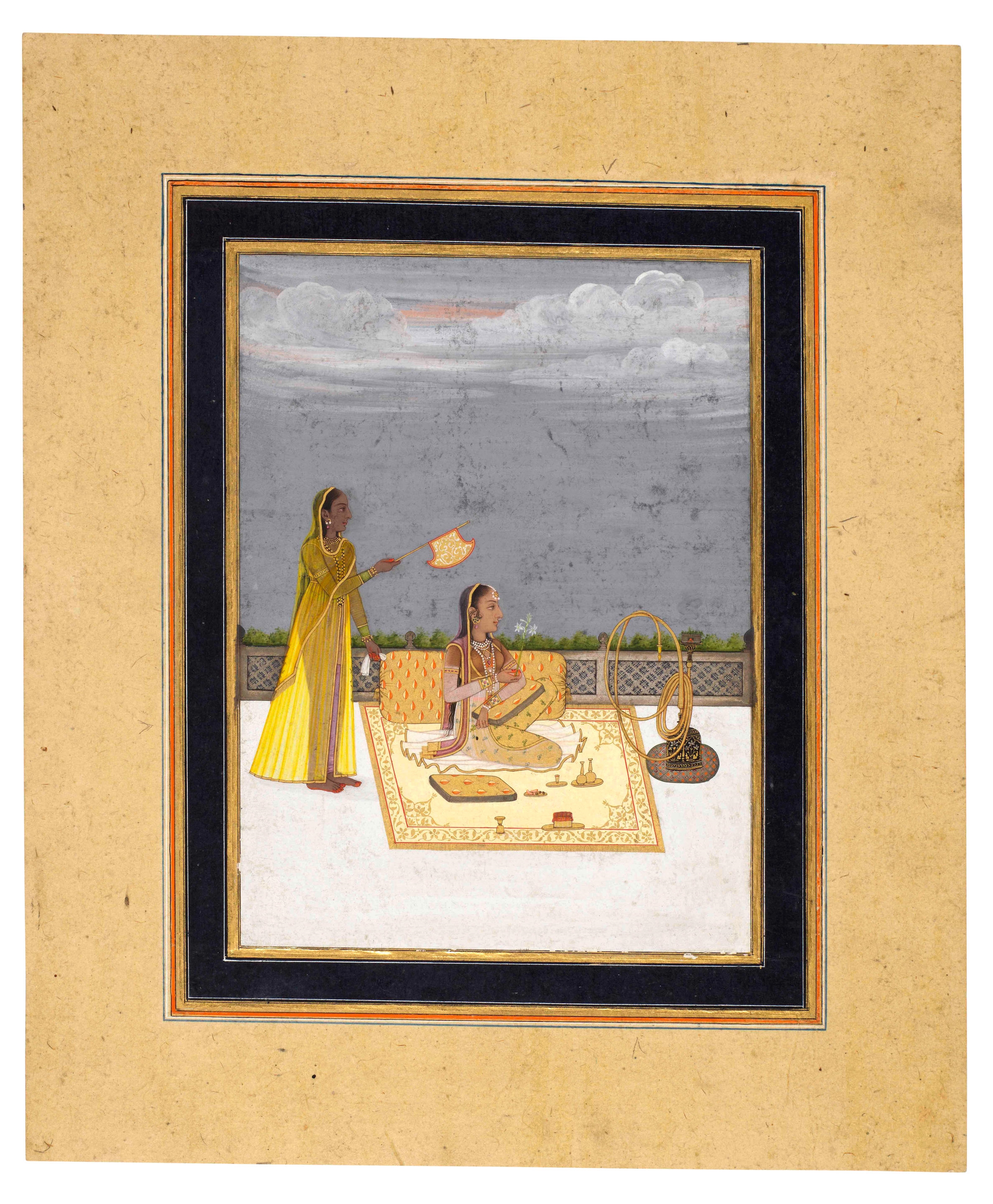 A lady seated on a terrace holding a narcissus, with an attendant - Muhammad Reza-i-Hindi