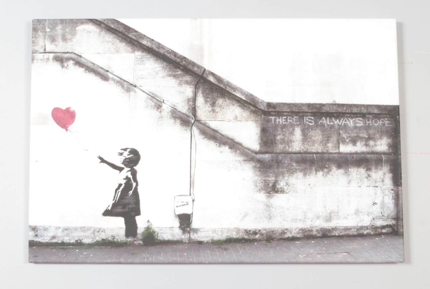 After Banksy, a framed print on canvas, Balloon Girl, There Is Always Hope. 51cm x 77cm. - Banksy