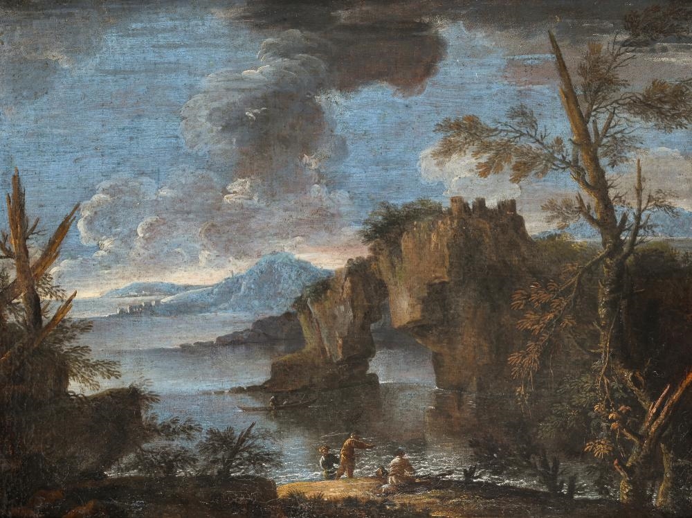Salvator Rosa | Coastal landscape with rowers near a natural bridge ...