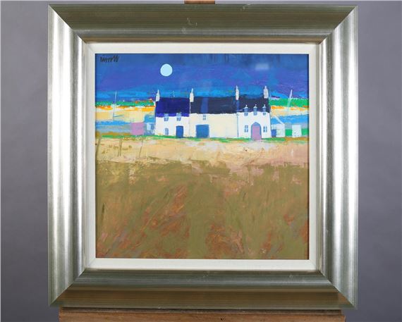 Beach Cottages, oil on board by George Birrell, 1980