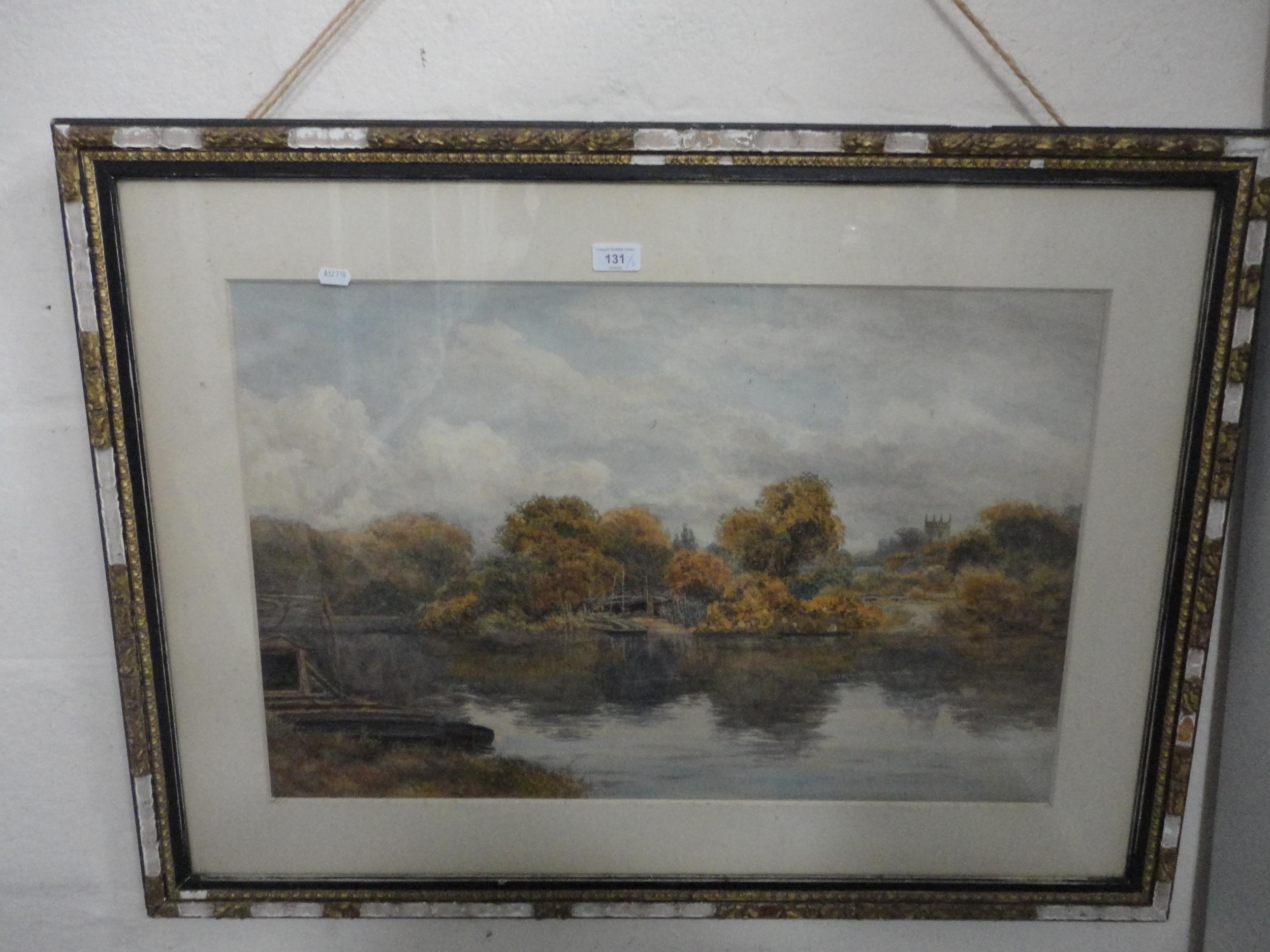 Artwork by D. Law, Lake scene with town to the background, Made of Watercolour