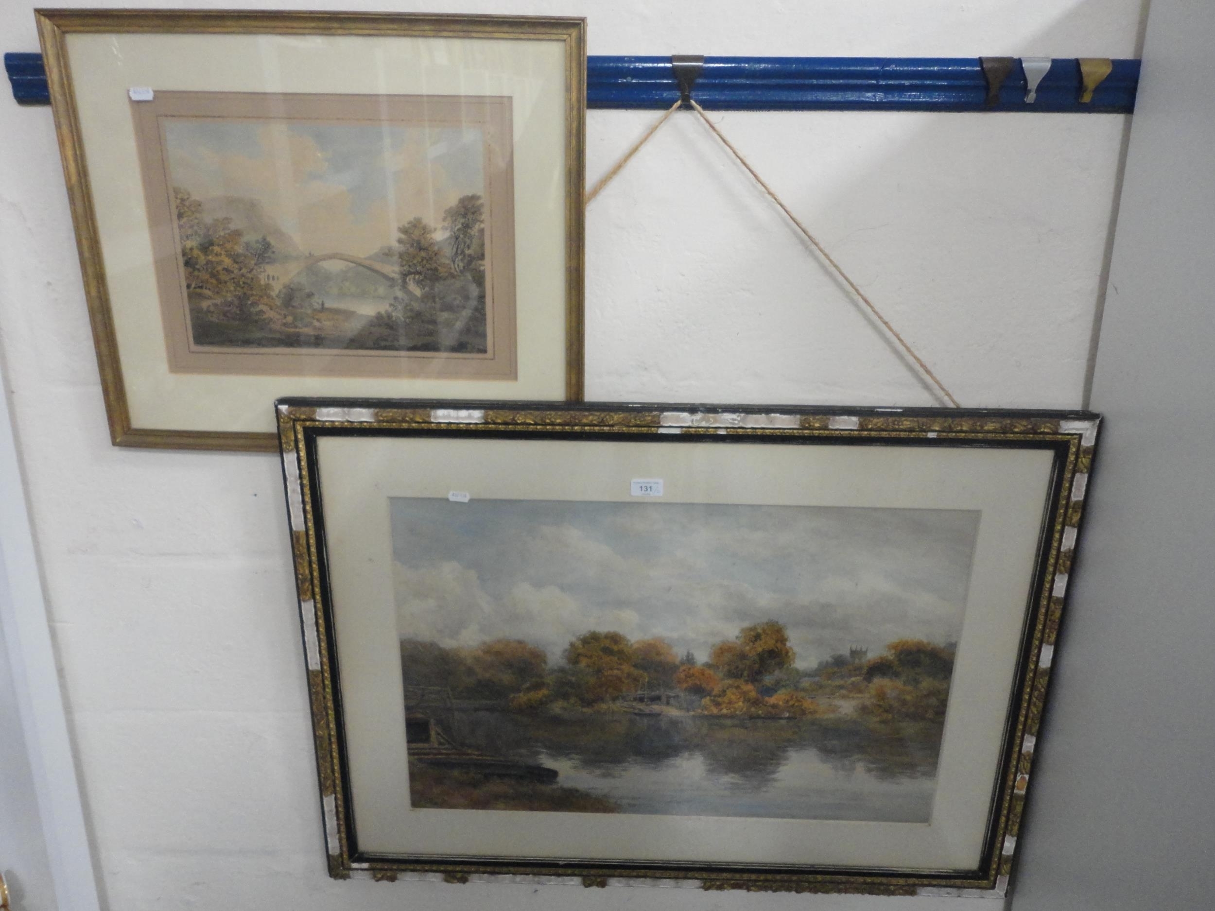 Artwork by D. Law, Lake scene with town to the background, Made of Watercolour