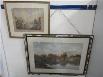 Lake scene with town to the background - D. Law