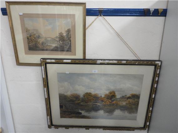 Lake scene with town to the background - D. Law