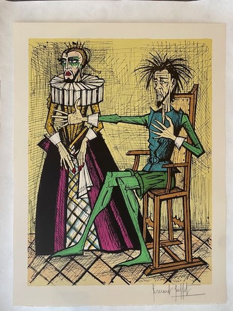 Title: 'Don Quixote et la Duena' Lithograph in color dated 1989, signed in pencil lower right printed by Editions Mourlot, Dimensions 76CM x 58CM Description: This color lithograph by Bernard Buffet, entitled 'Don Quixote et la Duena', is a remarkable work dating from 1989 - Bernard Buffet